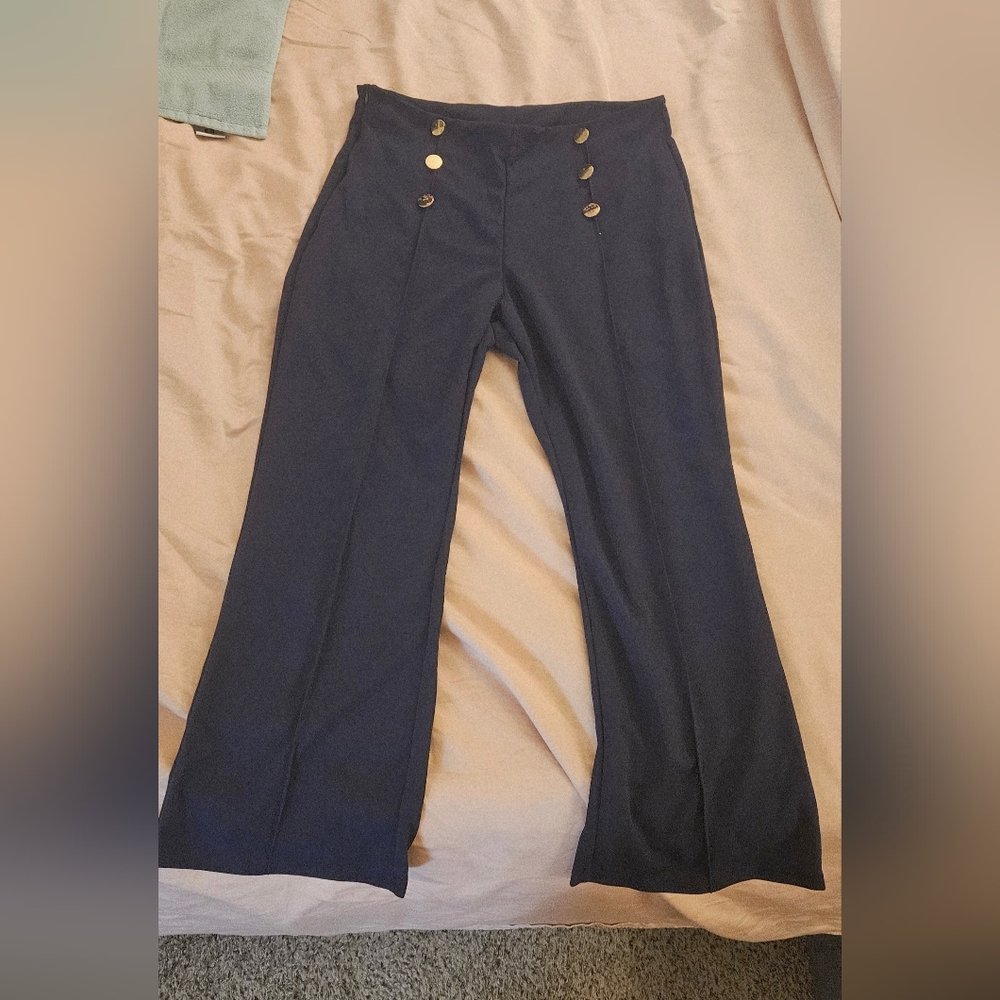 Navy High-Waisted Button Pants